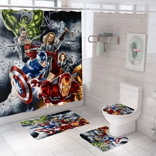 Discover Avengers Superhero 4 PCS Bathroom Set with Shower Curtain Set with Rugs