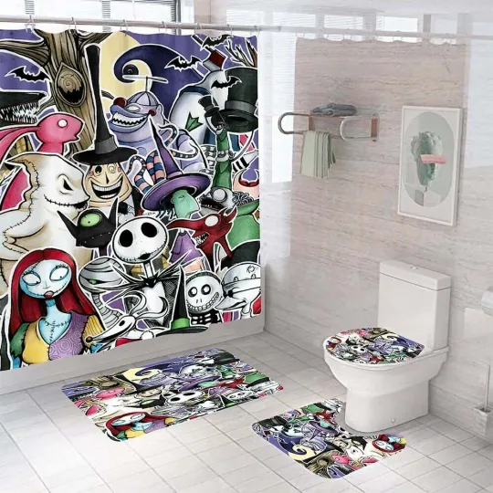 Discover The Nightmare Before Christmas 4 PCS Bathroom Set with Shower Curtain Set with Rugs