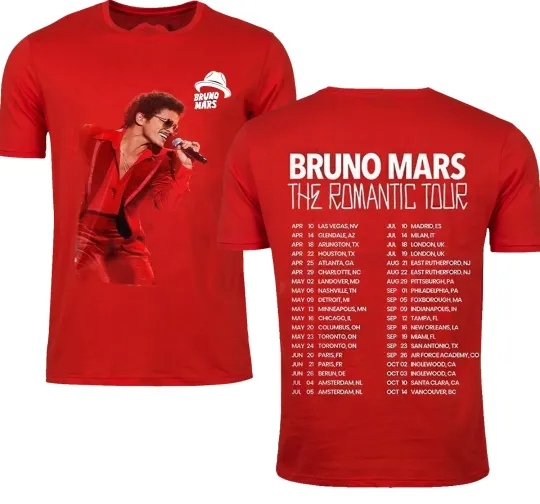 Discover Bruno Mars The Romantic Tour 2026 T-shirt Red All Size, Gif Fan