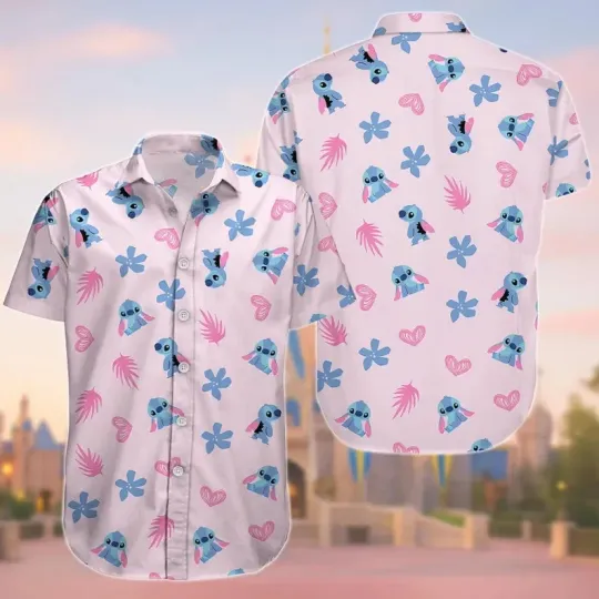 Discover Disney Lilo And Stitch Tropical Leaves Flowers Patterns Pink Hawaiian Shirt