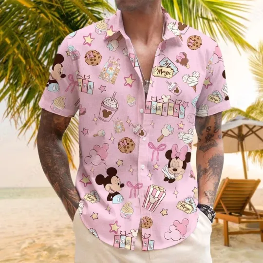 Discover Disney Cute Mickey & Minnie Mouse Coquette Bow Snacks Valentine Hawaiian Shirt