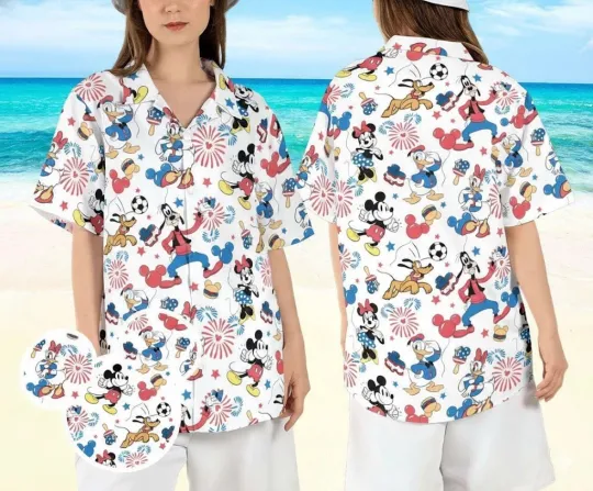 Discover Disney Mickey & Friends USA Fireworks July 4th Patriotic Aloha Hawaiian Shirt