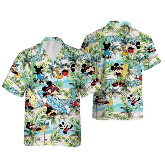 Discover Disney Mickey Mouse Surfing Tropical Palm Tree Beach Vibes Summer Hawaiian Shirt