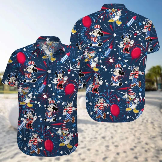 Discover Disney Mickey Mouse & Friends Patriotic Fireworks Happy 4th July Hawaiian Shirt