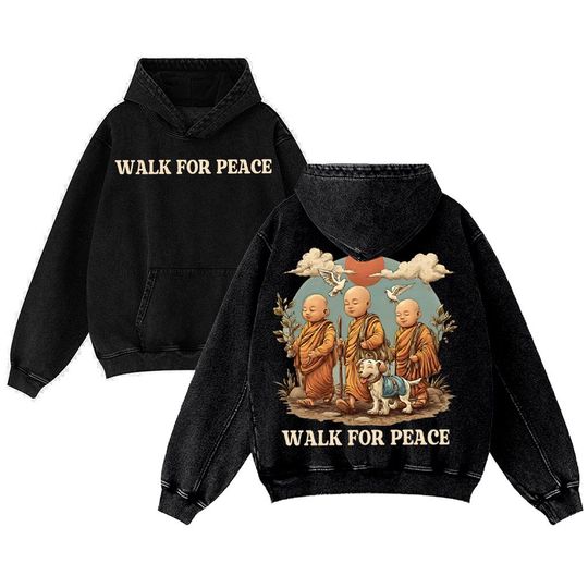 Discover Walk for Peace Vintage Pigment Dyed Hoodie  Minimalist Zen Art, Meditating Monk & Calm Dog