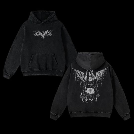 Discover Y2K Gothic Angel Washed Hoodie Sad Angel Graphic Oversized Streetwear
