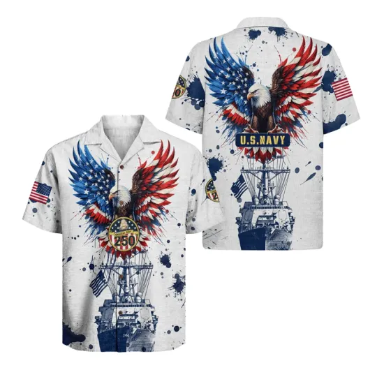 Discover 250th Anniversary US Navy Hawaiian Shirt - American Eagle Patriots