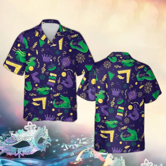Discover Memphis Mardi Gras Hawaiian Shirt Retro 80s Geometric Aloha Top Abstract Carniva