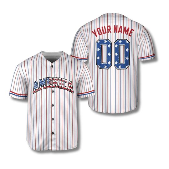 Personalized USA Baseball Jersey Button Up, Custom Name & Number Pinstripe Shirt