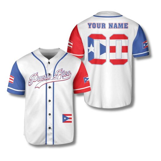 Puerto Rico Baseball Jersey Shirt, Custom Name & Number Button Up, Boricua Flag Sleeves Design
