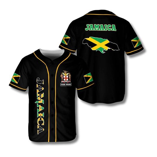 Discover Personalized Jamaica Baseball Jersey Shirt, Custom Name Button Up Fanwear, Jamaican Flag Map Design