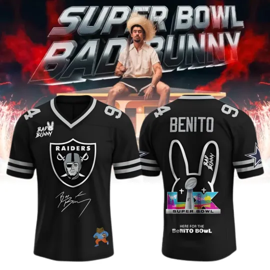 Discover RAIDER Super Bowl X Bad Bunny Bowl LX 2025 2026  V-neck Jersey All size Unisex