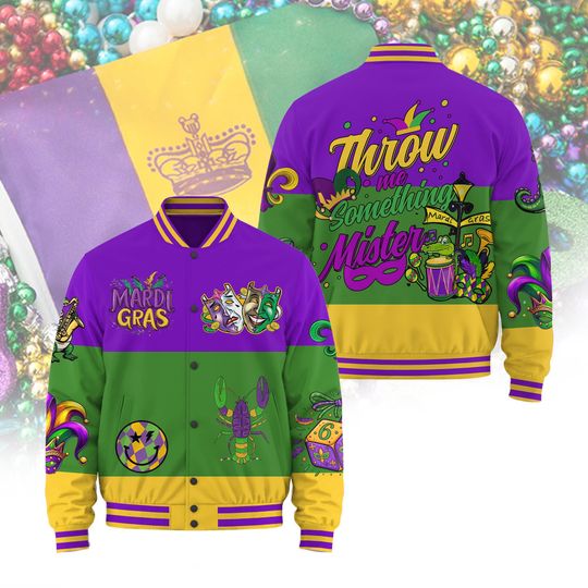 Discover Mardi Gras Baseball Jacket, Throw Me Something Mister Varsity Jacket, New Orleans Carnival Jacket, Fat Tuesday Outfit