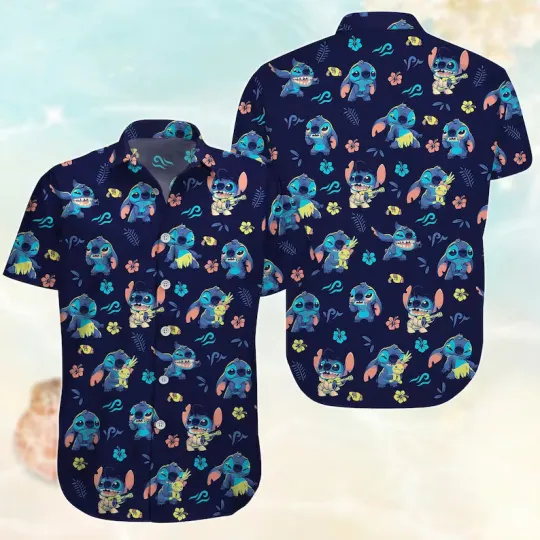 Discover Disney Stitch Pattern Funny  Beach Floral Summer Aloha Hawaiian Shirt