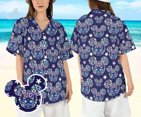 Discover Disney Stitch Mickey Ears Tropical Beach & Hibiscus Aloha Summer Hawaiian Shirt