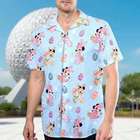 Discover Disney Mickey And Minnie Mouse Cosplay Bunny Happy Easter Aloha Hawaiian Shirt