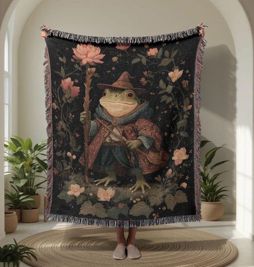 Frog Wizard  Woven Blanket, Mage Toad Hobby Gift Woven Throw, Fantasy Lover Friend Woven Tapestry, Cottagecore D&D Player Blanket