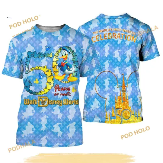 Discover Donald Duck 3D T-Shirt with Blue Patterns, Castle, Mickey Head, Disney 50th Anniversary