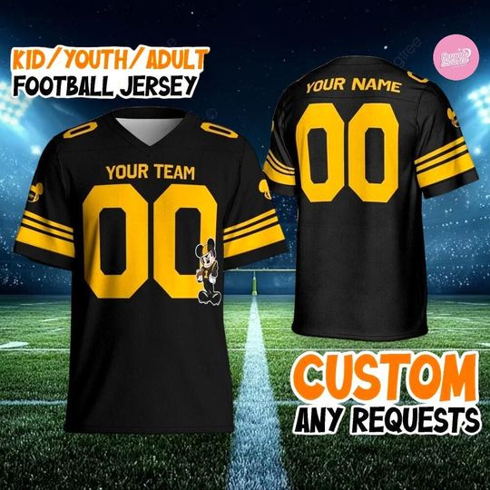 Discover Personalized Black Gold Mickey Football Jersey, Custom Name Number Disney Fan Shirt, Kids Youth Adult Sports Jersey Gift