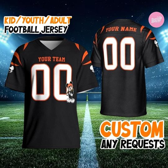 Personalized Black Orange Mickey Football Jersey, Custom Name Number Disney Fan Shirt, Kids Youth Adult Sports Jersey Gift