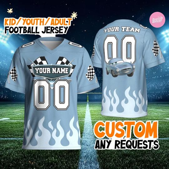 Discover Personalized Disney Cars Football Jersey Blue, Custom Name Number Racing Fan Shirt, Kids Youth Adult Sports Jersey Gift
