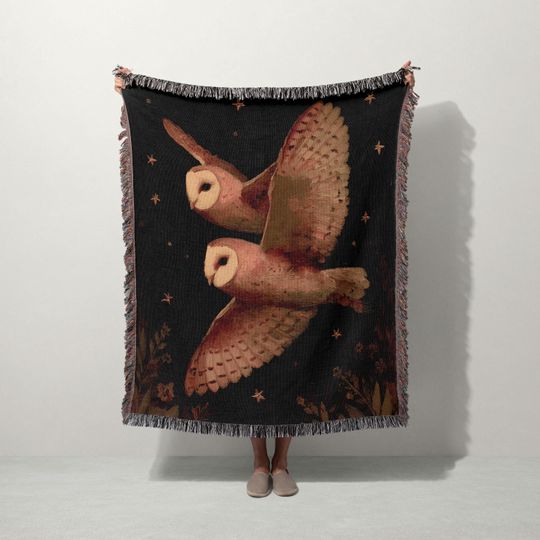 Starry Night Owls Tapestry Woven Blanket   | Enchanted Forest Art Throw, Mystical Woodland Decor