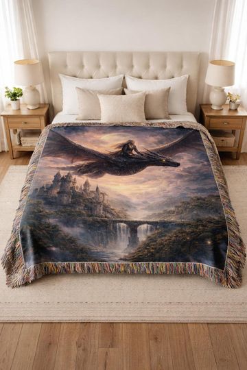 Discover Dragon Rider Woven Blanket, Epic Fantasy Castle Tapestry, Dark Dragon Wall Hanging, Magical Gothic Home Decor Gift
