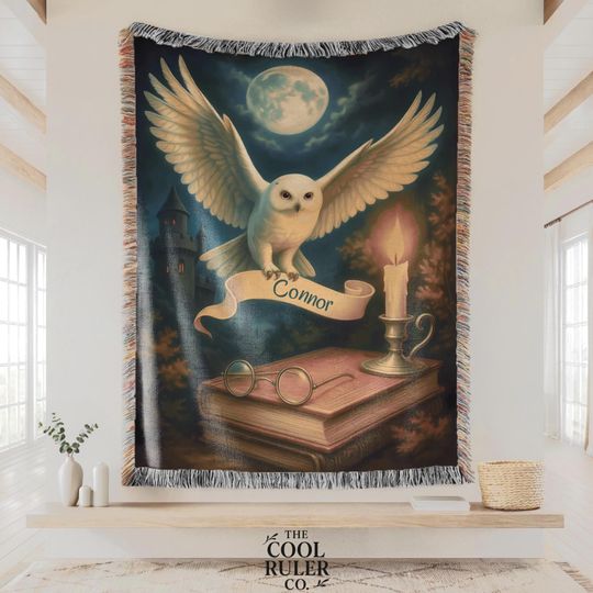 Discover Personalized Magic Owl Throw Blanket | Custom Kids Name Fantasy Tapestry, Wizard Book Lover Gift, Castel Art for Kids Room or Reading Nooks