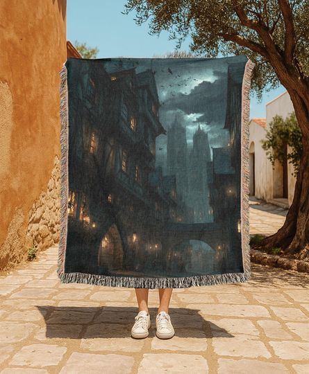 Discover Gothic City 100% Cotton Woven Blanket, Dark Academia Decor, Fantasy Reader Gift Woven Tapestry, Spooky Halloween Woven Blanket, Wizard Alley