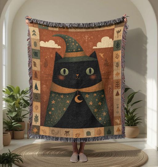 Black Cat Wizard  Woven Blanket, Witchy Cat Lover Woven Throw, Pagan Friend Gift Tapestry, Celestial Halloween Decor, Cottagecore