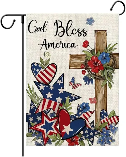 4Th of July Patriotic Garden Flag, God Bless America Cross Religio