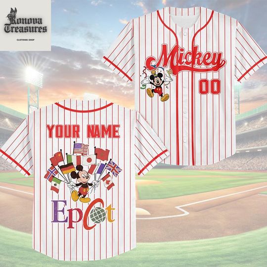 Discover Personalized Mickey Flags of Nations Epcot Baseball Jersey, Vintage 90's Style WDW Epcot World Tour Kids Youth Adult Baseball