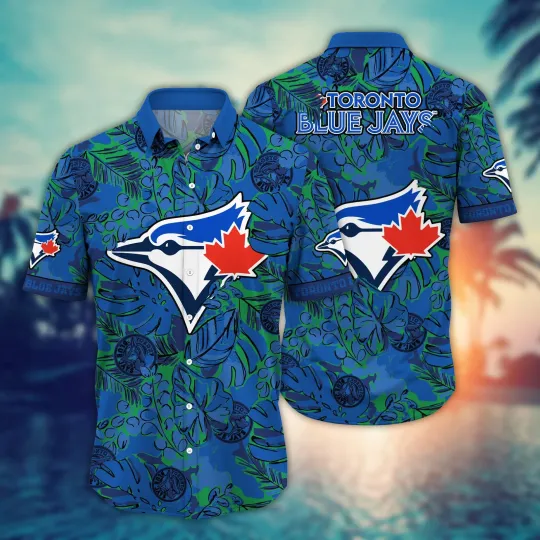 Discover Toronto Blue Jays Short Sleeve Button Up Break Aloha Hawaiian Shirt