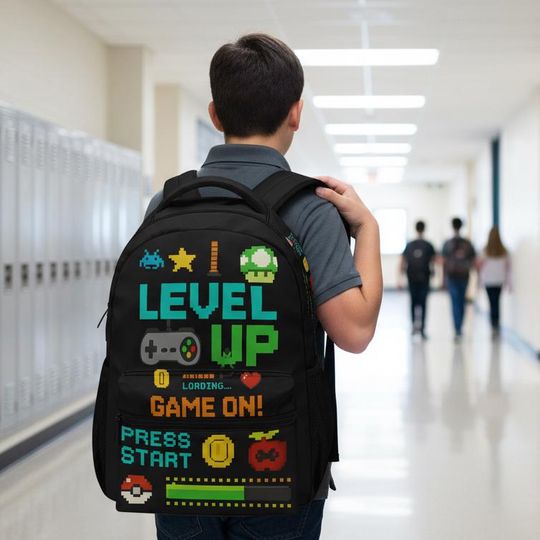 Level Up Gamer Backpack  Pixel Art School Bag  | Video Game Backpack for Kids
