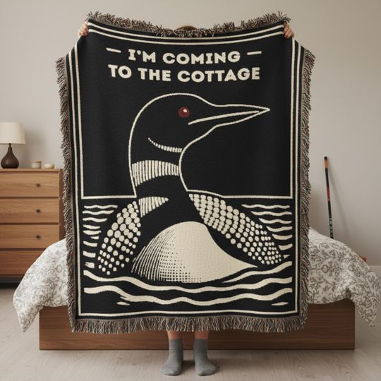 Loon Blanket - I'm Coming to the Cottage Blanket | 100% Cotton Jacquard Woven Throw | Customization Available | Common Loon on Lake Tapestry