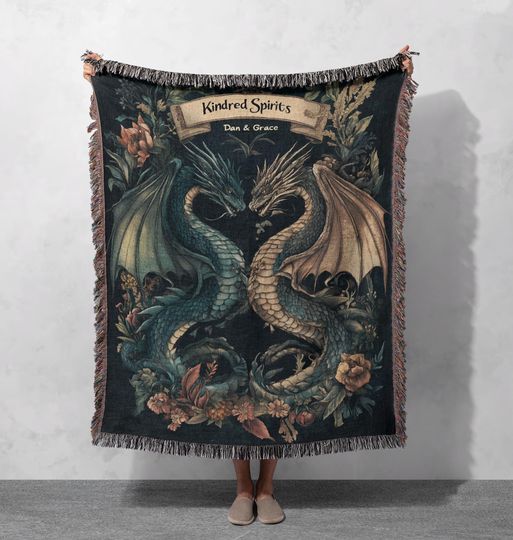 Discover Custom "Kindred Spirits" Dragon Couple Woven Blanket for Fantasy Lovers, Cottagecore Tapestry