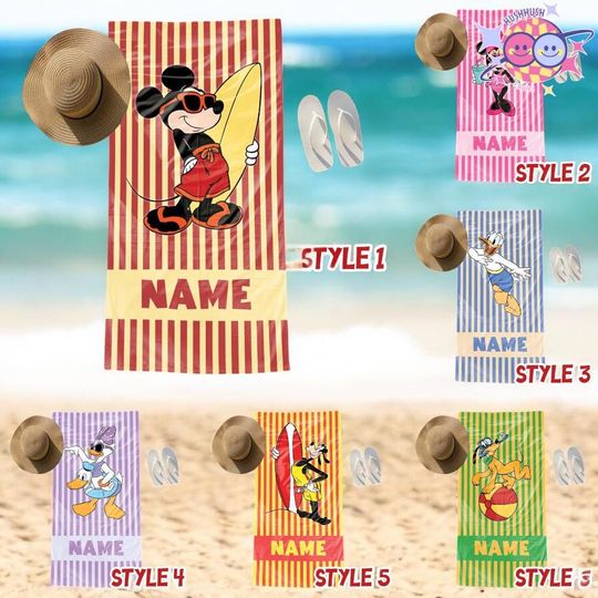 Discover Custom Mickey and Friends Beach Towel, Personalized Kids Summer Towel, Disney Cartoon Beach Gift, Family Vacation Towel
