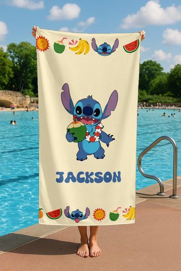 Discover Personalized Beach Towels for Kids  Cute Stitch Cartoon Design with Custom Name, Summer Pool Towel, Vacation Gift for Boys and Girls