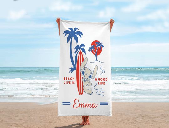Discover Custom Disney Summer Stitch Floral Beach Towel, Floral Family Bath Towel, Lilo And Stitch Picnic Towel, Movie Pool Towel For Adults