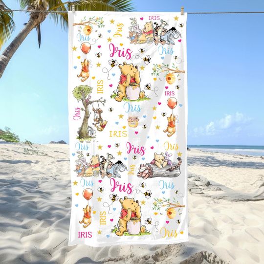 Personalized Winnie the Pooh Beach Towel, Custom Disney Character Gift, Tigger Eeyore Summer Pool Towel, Family Vacation & Group Trip Favor