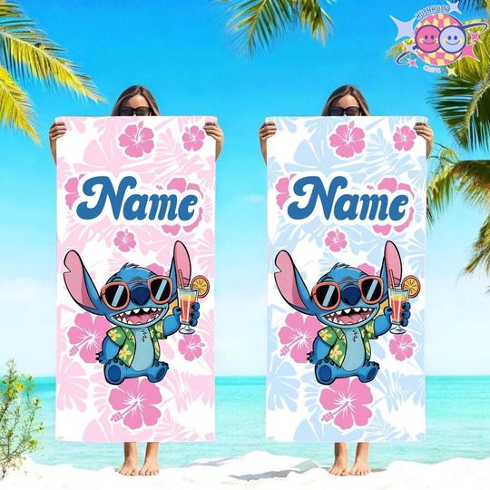 Custom Disney Stitch Floral Beach Towel, Personalized Summer Bath Pool Towel, Lilo and Stitch Picnic Towel for Adults