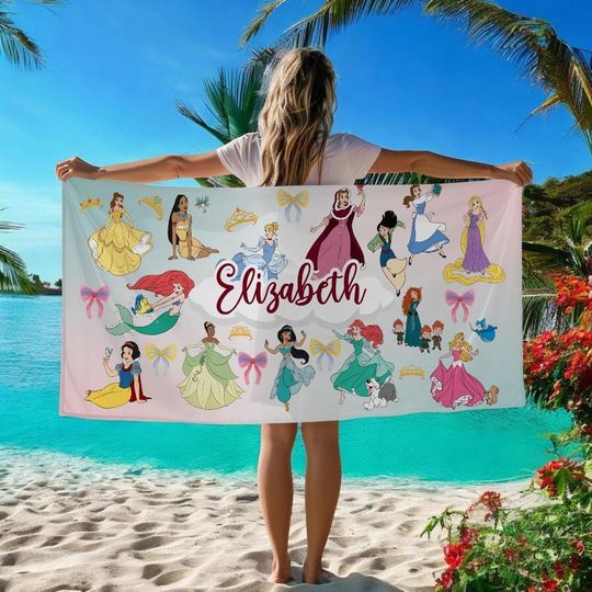 Discover Custom Disney Princess Beach Towel, Personalized Name Princess Towel, Birthday Girl Summer Vacation Gift