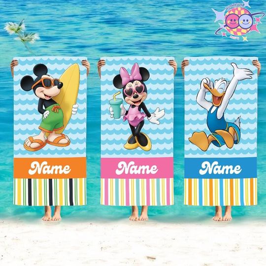 Personalized Disney Beach Towel, Mickey and Friends Summer Pool Towel, Disneyland Vacation Gift
