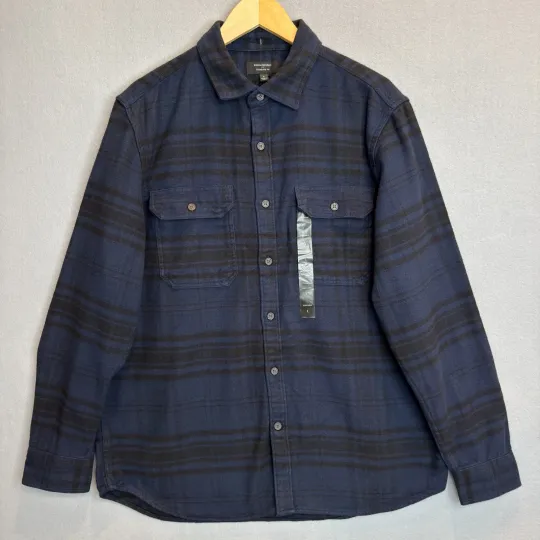 Discover Banana Republic Heavyweight Flannel Shirt Mens Large Blue Black Standard Fit