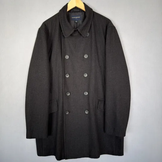 Discover Banana Republic Wool Blend Peacoat Jacket Mens Sz XL Black Plaid Double Breasted