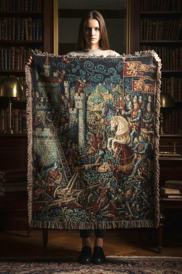 Discover Medieval Castle Siege Woven Blanket | Gothic Battle Tapestry Castlecore Throw | Historic Knight War Scene | Dark Academia Home Decor