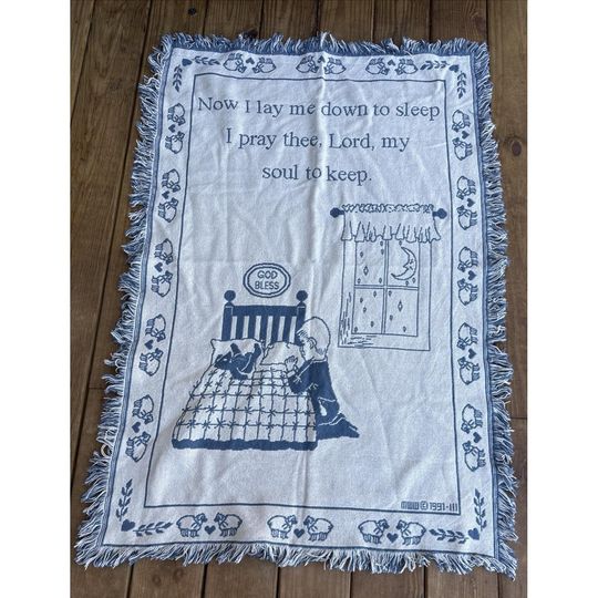 Discover Vintage 1991 MWW Blue  LORD'S PRAYER Children's Nursery Tapestry Throw 48"x34"