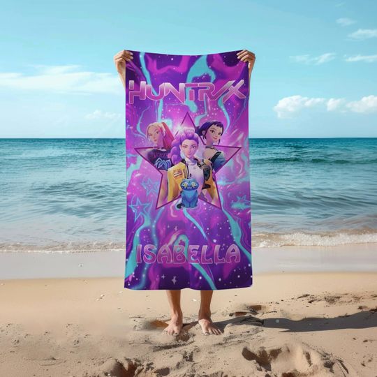Huntrix Anime Beach Towel, Anime Girl Team With Derpy Tiger, Kpop Demon Hunters Towel, Personalized Anime Pool Towel, Summer Fan Gift