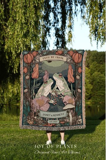 Discover Frog Couple Tapestry | Personalized Anniversary Gift Custom Name Tapestry Woodland Blanket Woven | Cottagecore Wedding Gift For Couple Gift