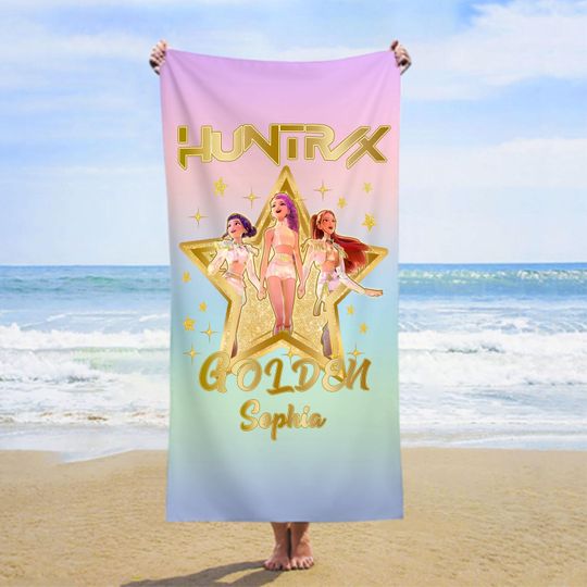 Discover Personalized Huntrix Demon Style Anime Girl Beach Towel,Kpop Aesthetic Digital Artwork,Custom Name Summer Vacation Pool Towel